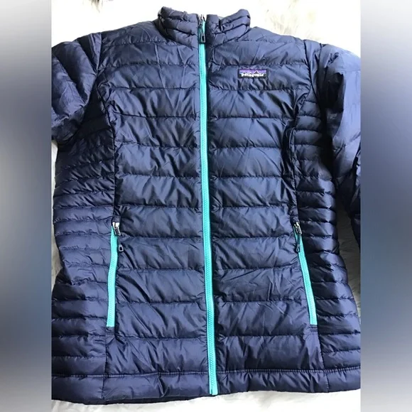 🏔Patagonia Down Sweater Jacket Full Zip Women Sz-Small Navy & Turquoise Quilted - Picture 5 of 12